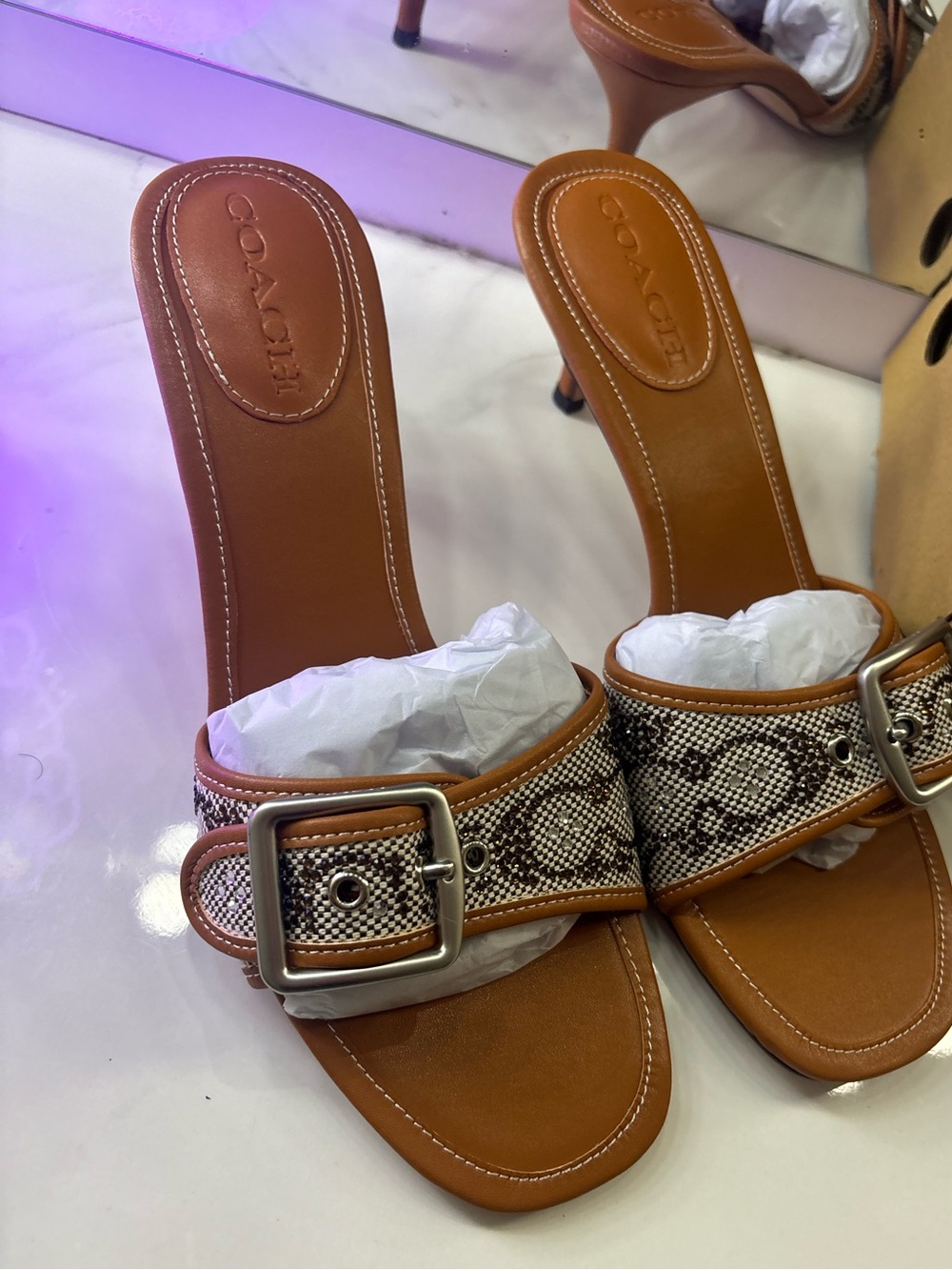 COACH Tan Leather Slide Heels with Signature Monogram Strap Size 40